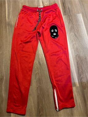 Dohlyfe Red Athletic Track Pants with Face Patch Sz small RARE!!